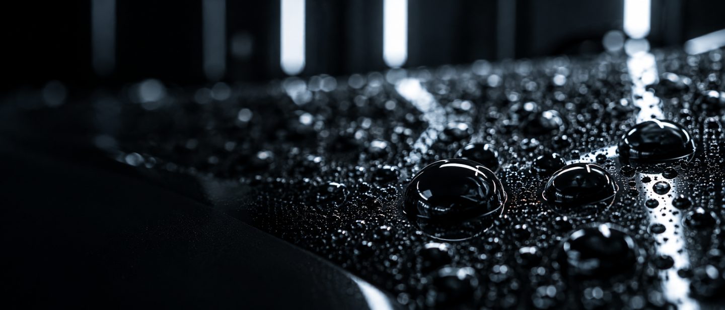 Water droplets beading on dark paint, close up