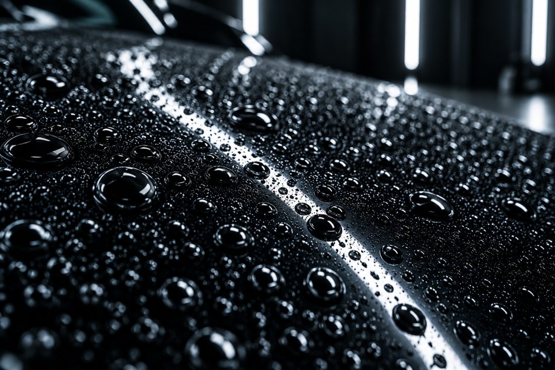 Water beading on a dark, glossy car panel
