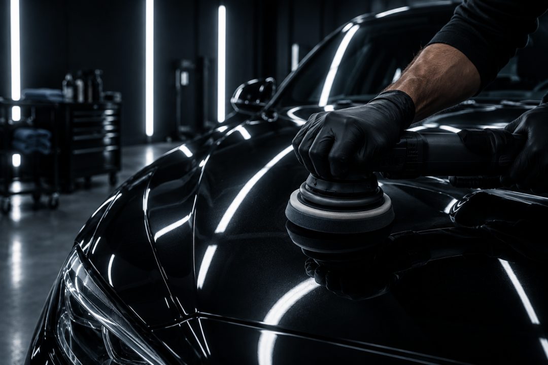 A gloved hand machine-polishing the bonnet of a black car