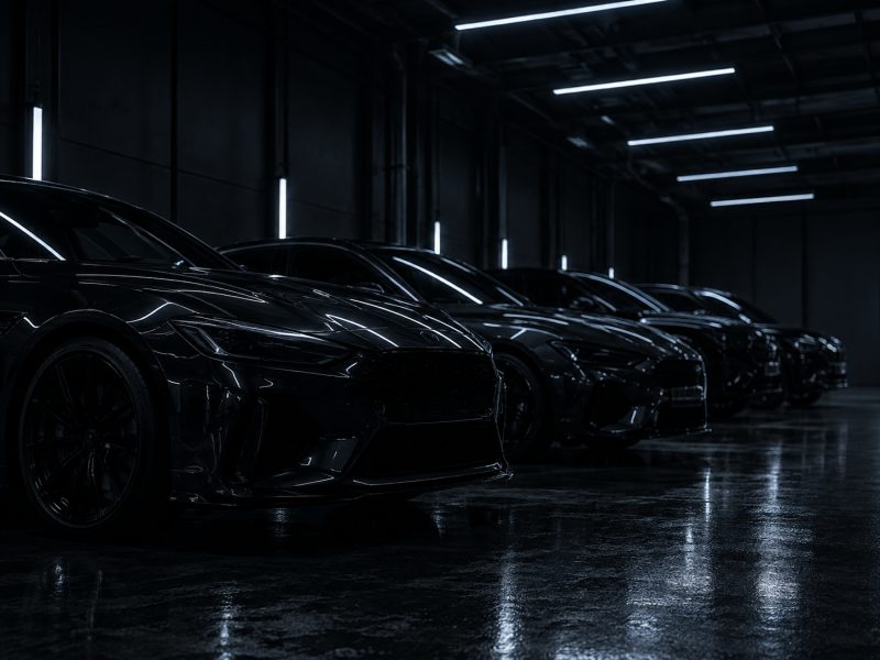 A row of dark cars lined up in a workshop