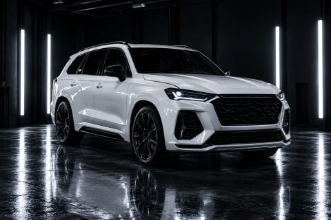 A white SUV under workshop lighting