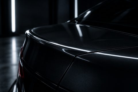 The rear of a dark car in a workshop, close up on the boot lid